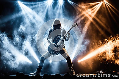 electric guitar player, performing solo on stage, with unique light show Stock Photo