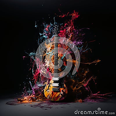 an electric guitar is surrounded by colorful paint Stock Photo