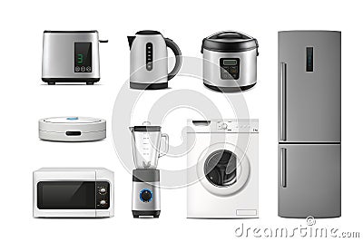 Electric home appliances. Realistic gadgets. Household machines. Fridge and kettle. Toaster and microwave. Kitchen Vector Illustration