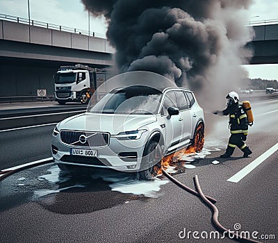 electric hybrid car suv burn bottom chasis, firefighter apply foam to extinguish flames big smoke Stock Photo