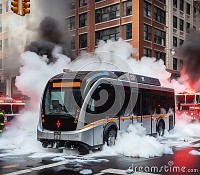 electric hybrid city bus burn bottom chasis, firefighter apply foam to extinguish flames big smoke Stock Photo