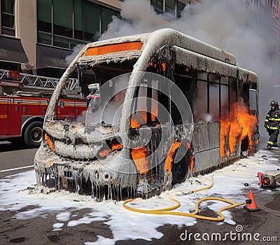 electric hybrid city bus burn bottom chasis, firefighter apply foam to extinguish flames big smoke Stock Photo