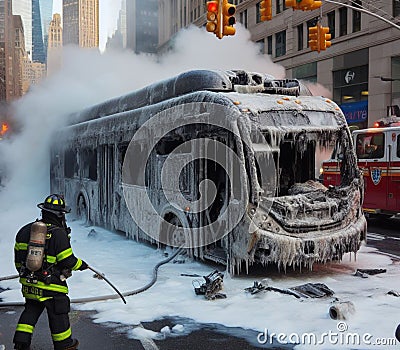 electric hybrid city bus burn bottom chasis, firefighter apply foam to extinguish flames big smoke Stock Photo