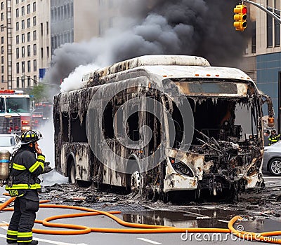 electric hybrid city bus burn bottom chasis, firefighter apply foam to extinguish flames big smoke Stock Photo