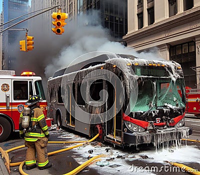 electric hybrid city bus burn bottom chasis, firefighter apply foam to extinguish flames big smoke Stock Photo