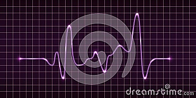 Electric impulse signal, heart beat pulse monitor, oscilloscope electrocardiogram graph. Purple glowing electric light effect. Vector Illustration