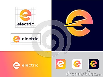 Electric Industrial icon. Power industry symbol. Yellow E letter with lightning. Vector Illustration