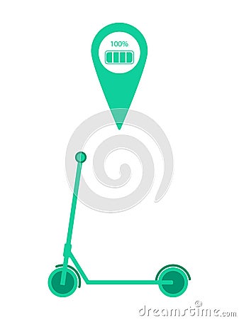 Electric kick scooter with map location pin and battery charge indicator. Vector illustration Vector Illustration