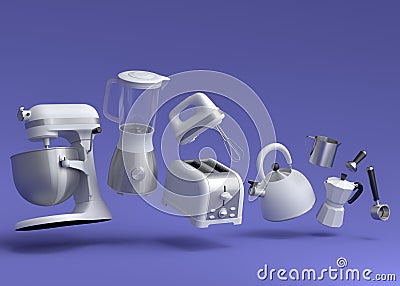 Electric kitchen appliances and utensils for making breakfast on violet Stock Photo