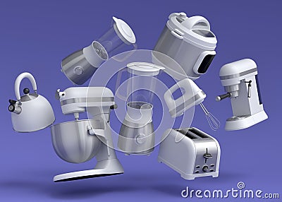 Electric kitchen appliances and utensils for making breakfast on violet Stock Photo