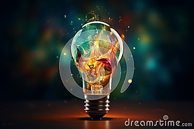 Electric lamp bulb with multi-colored iridescent gaseous substance inside. A lightbulb eureka moment with Impactful Stock Photo