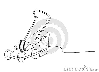 Electric lawnmower. Grass cutting device. Continuous line drawing. Vector illustration Vector Illustration