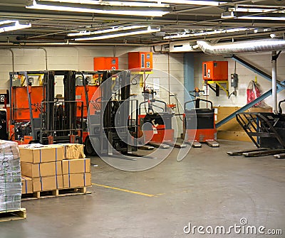 Electric Lift Truck and Walkie Charging Area Stock Photo