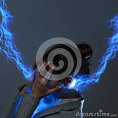 Electric lightning flash, photo montage. Lightning in the head, Stock Photo