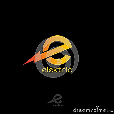 Electric logo. E monogram. Orange letter with lightning. Vector Illustration