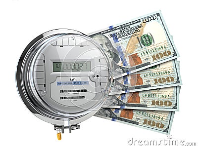 Electric meter with dollars. Electricity consumption, cost of utilities and saving concept Cartoon Illustration