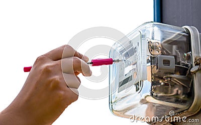 Electric meter for use in home appliances, behind high voltage towers, electric power. Stock Photo