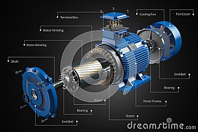 Electric motor parts and structure on black background Cartoon Illustration