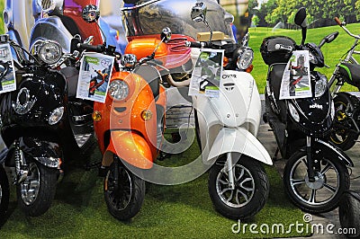 Electric motorbikes Rover presented on stand during Exhibition. Kyiv, Ukraine Editorial Stock Photo