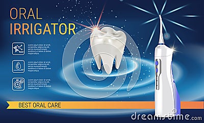 Electric Oral Irrigator ads. Vector 3d Illustration with Portable Water Pick Flosser. Vector Illustration