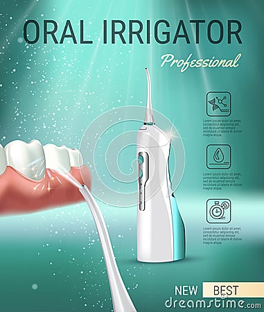 Electric Oral Irrigator ads. Vector 3d Illustration with Portable Water Pick Flosser. Vector Illustration