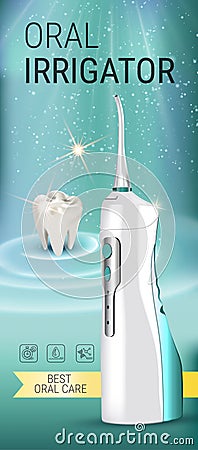 Electric Oral Irrigator ads. Vector 3d Illustration with Portable Water Pick Flosser Vector Illustration