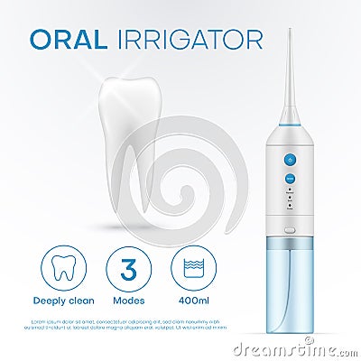 Electric oral irrigator teeth deep clean water promo banner realistic vector illustration Vector Illustration