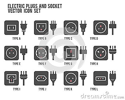 Electric outlet illustration. Different type power socket set, vector isolated icon illustration for different country plugs. Powe Vector Illustration