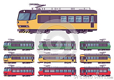 Electric passenger bright train set Vector Illustration