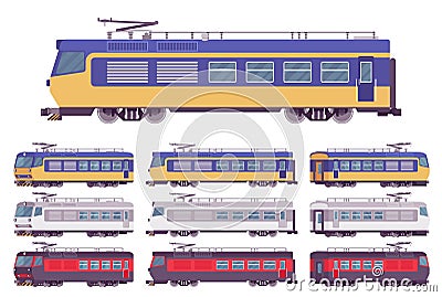 Electric passenger bright train set Vector Illustration