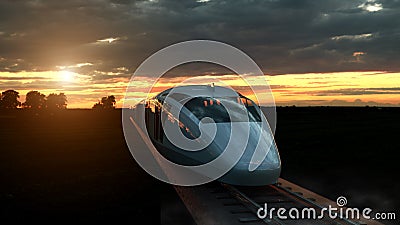 Electric passenger train at sunset backlit by a bright orange sunburst under an ominous cloudy sky. 3d Rendering Stock Photo