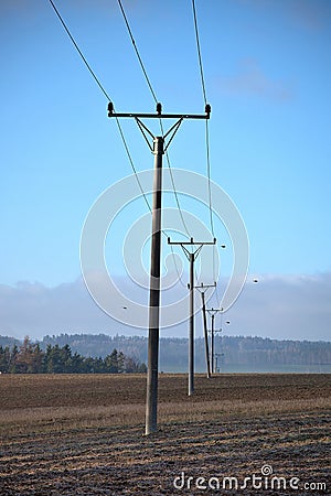 Electric pillars in a row standing in the field Stock Photo