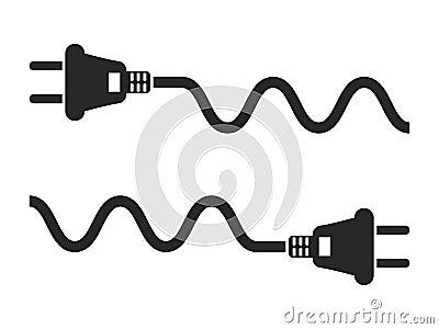Electric plug and cord icon set, black isolated on white background, vector illustration. Cartoon Illustration