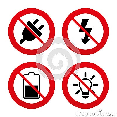 Electric plug sign. Light lamp and battery half Vector Illustration