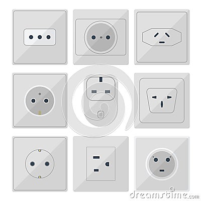 Electric plugs stack outlet illustration energy socket electrical outlets plugs european and usa, asia appliance Vector Illustration