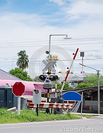 Electric poles with label sign crossing Stock Photo