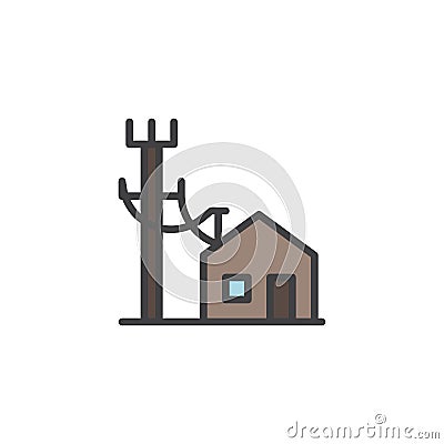 Electric poles line and house filled outline icon Vector Illustration
