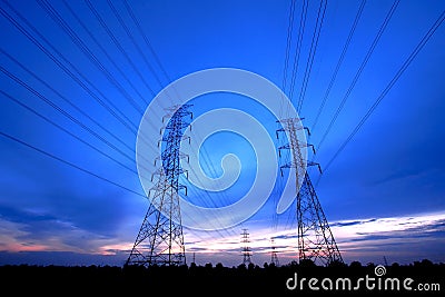 Electric Poles Under Twilight, Thailand Stock Photo