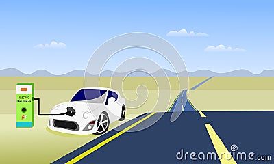 Electric power cars are parked for Chart batteries. There is a road and sky as the background Vector Illustration