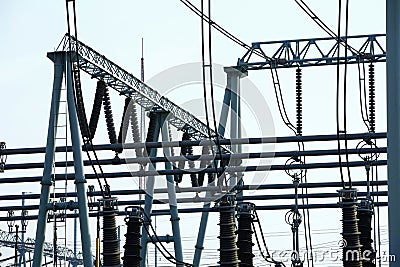 Electric power equipment, high pressure ceramic and metal stents, power grid and power lines Stock Photo