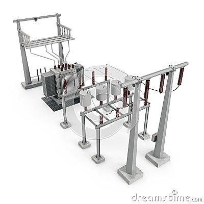 Electric power equipment in a substation on white. 3D illustration Cartoon Illustration