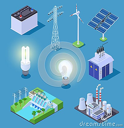 Electric power isometric icons. Energy generator, solar panels and thermal power plant, hydropower station. Electrical Vector Illustration