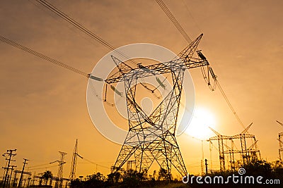 Electric power lines coming out from a substation at Foz do Iguazu Stock Photo