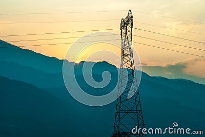 Electric Power lines at Sunset Stock Photo