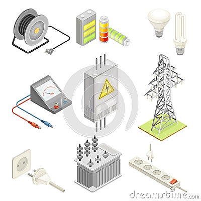Electric Power Objects with Breaker Box, Socket and Lightbulb Isometric Vector Set Vector Illustration