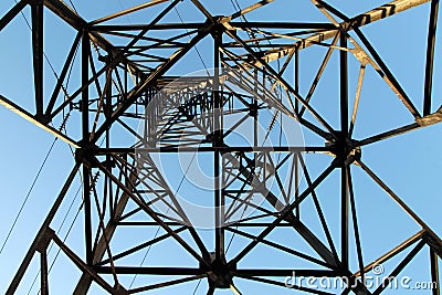 Electric power pylon and overhead lines tower used transmit electrical energy Stock Photo