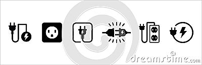 Electric power source socket icon set. Electricity wire cord sign. Electrical symbol element. Vector stock illustration Cartoon Illustration