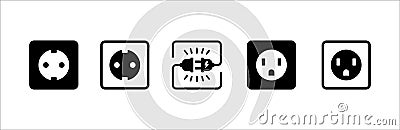 Electric power source socket icon set. Electricity wire cord sign. Electrical symbol element. Vector stock illustration Cartoon Illustration