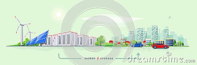 Electric Power Station and Battery Storage System with Urban Cit Vector Illustration