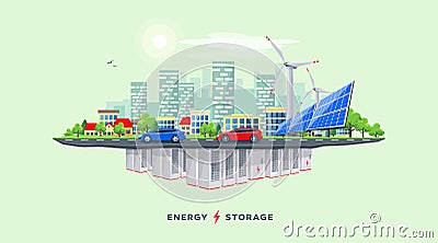 Electric Power Station and Underground Battery Storage System with Urban City Island Skyline Street Vector Illustration